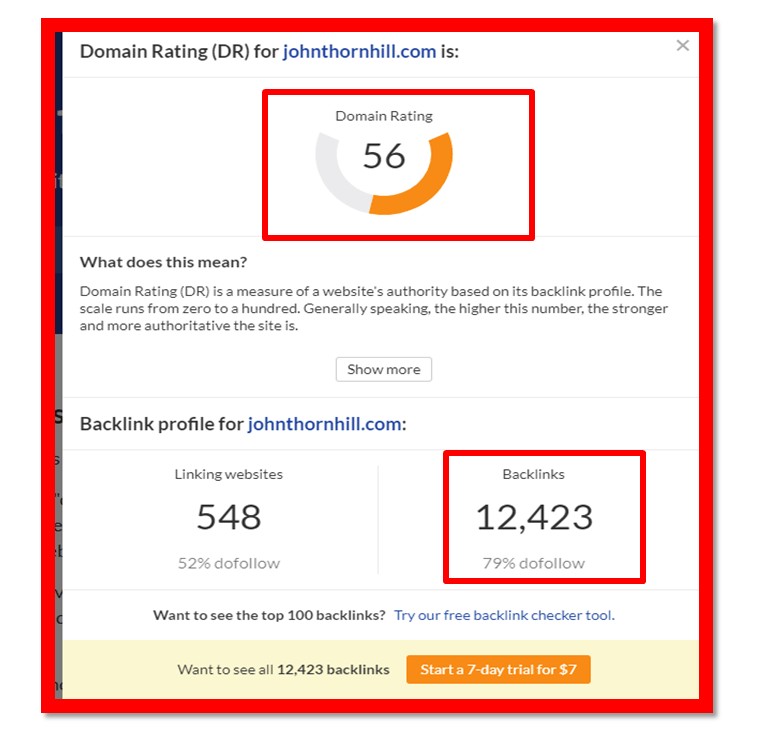 John Thornhill's blog domain authority ranking