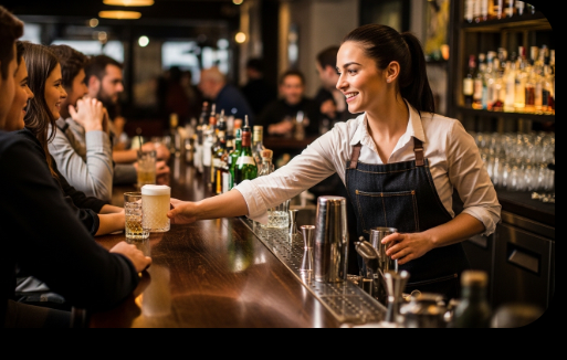 A female bartender serving drinks