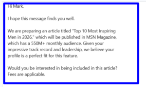 A screenshot of a direct Message received from my Linkedin account.