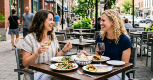 Two women sitting at an outside table. At a local restaurant. Catching up with each other.