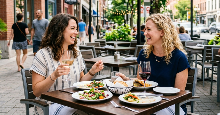 A picture of two women at an outside table. At a local restaurant