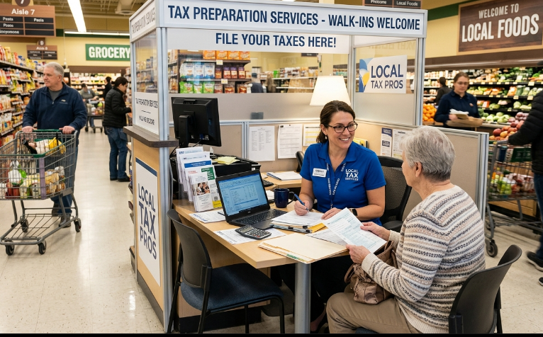 A screenshot picture of tax preparer. Si in a kiosk. In an independently owned supermarket.