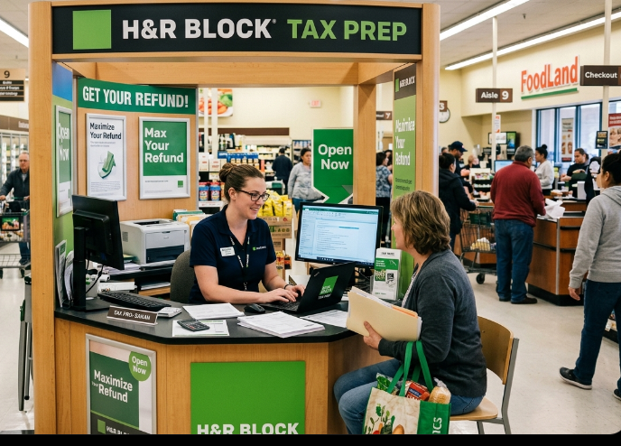 A screenshot image of a H & R Block tax preparer. Sitting in a kiosk. Inside a local supermarket.