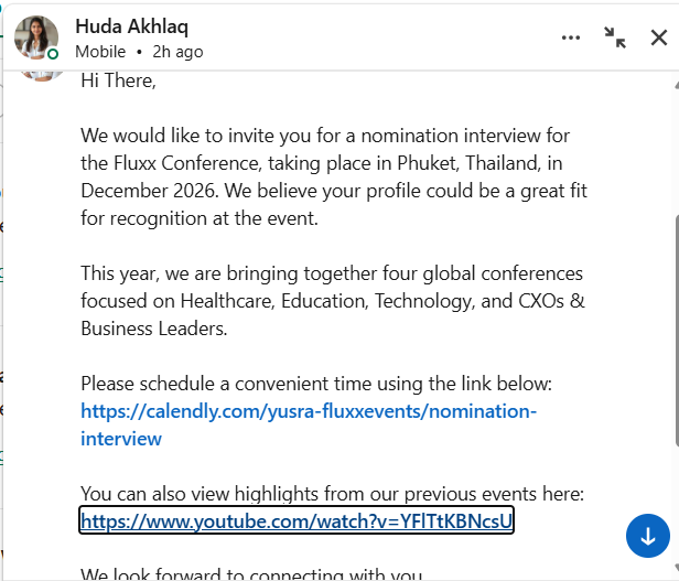 A screenshot image of a DM message I received on Linkedin