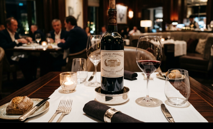 A screenshot image of an expensive bottle of wine on the table. In an upscale restaurant