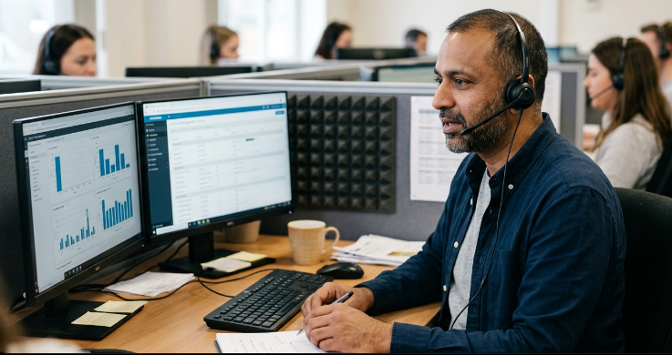 A screenshot image of a man sitting at his desk. Doing customer service.