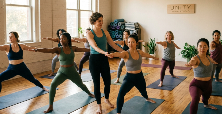 A picyure of women along with their instructor. Working out in a yoga class.