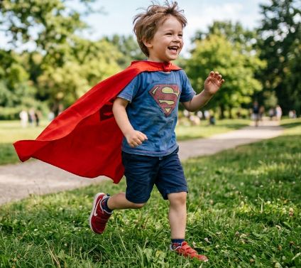 A picture of a little boy wearing a superman cape