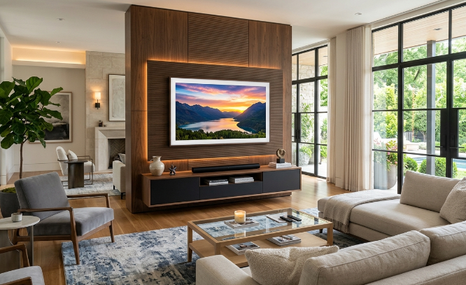 A picture of a state of the art. 65 inch flatscreen TV. Mounted on the wall.