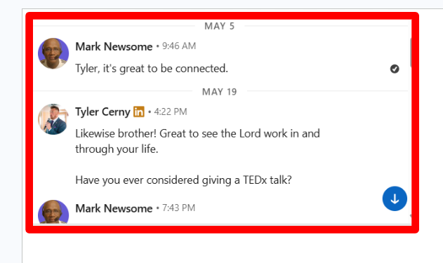 A screenshot image of a DM message between Tyler Cerny and Mark Newsome