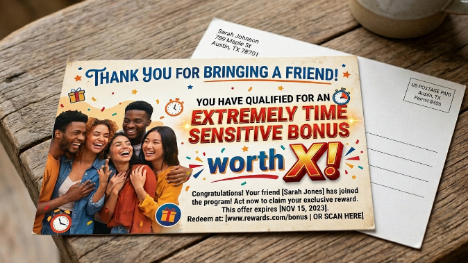 An image of a post card. Promoting the benefits of a businesses buddy plan