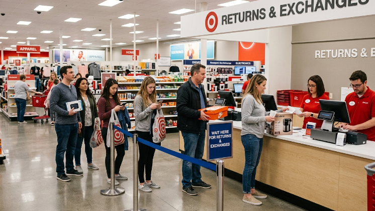 A screenshot image of customers standing in line. At a retail store. To either exchange or to get a refund