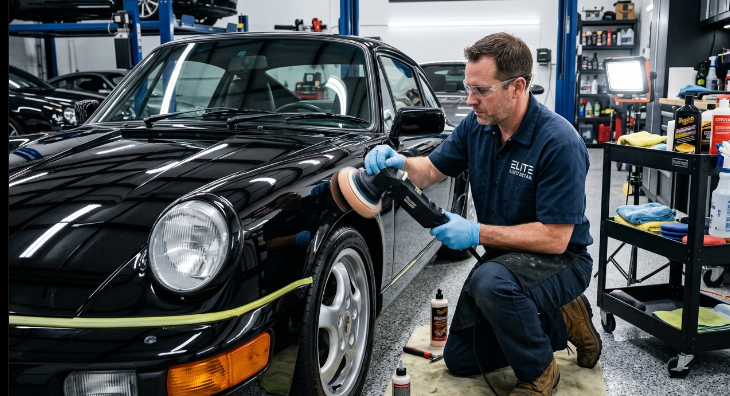 A screenshot of a man detailing a luxury car