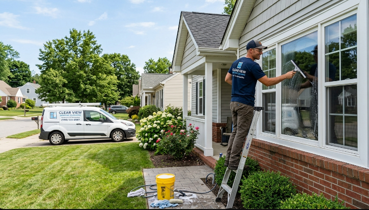 A screenshot image of a man cleaning windows on a residential house