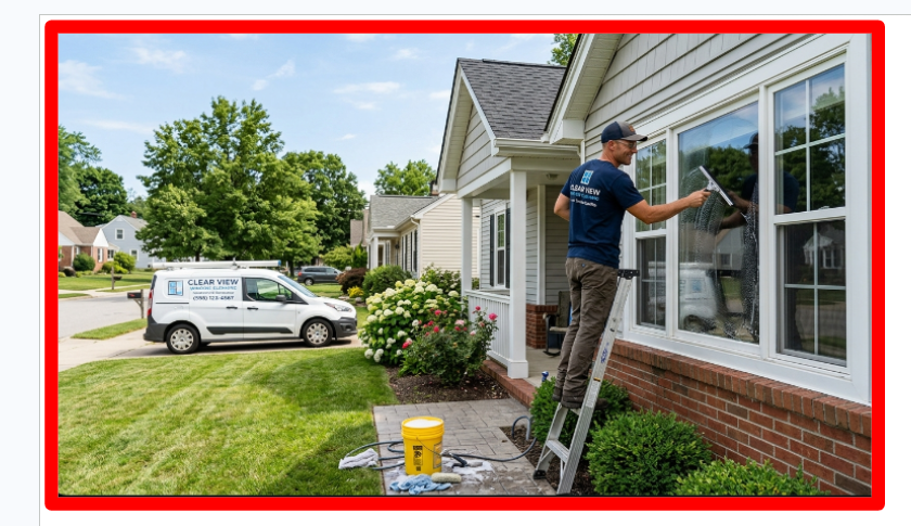 A picture of a man on a ladder cleaning windows