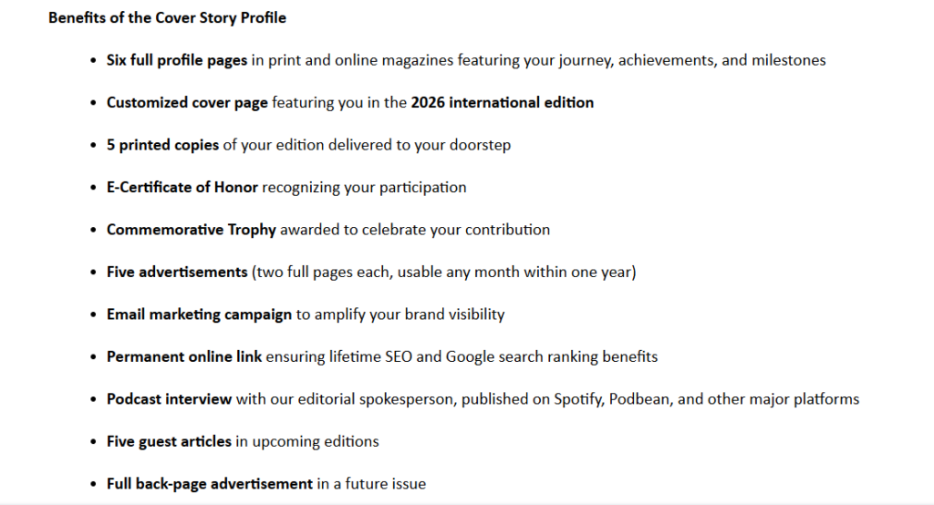 A screenshot image of the additional benefits Mark Newsome will receive. Because of the feature article.