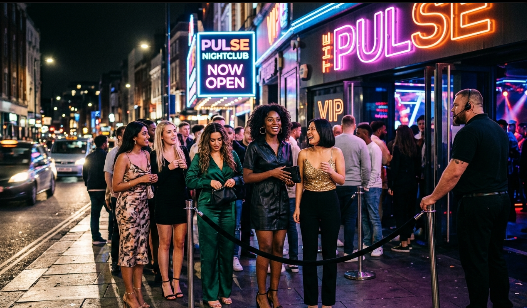 A screenshot image of young women waiting to get into a popular night club.