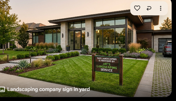A screenshot image of an expensive single family home. With a local landscapers sign in the front lawn.