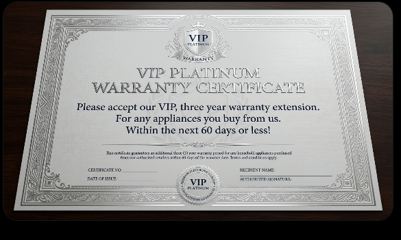 A screenshot image of a VIP platinum warranty certificate.