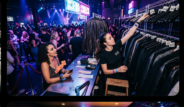 A screenshot image of a female coat checker employee. Using the ticket to return a female customers coat