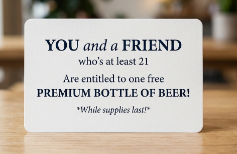 A screenshot image of an index card. Promoting a free bottle of beer