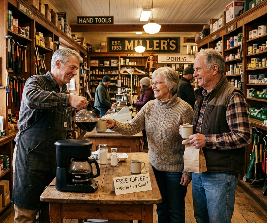 A screenshot image of a hardware store store owner serving his customers a cup of coffee