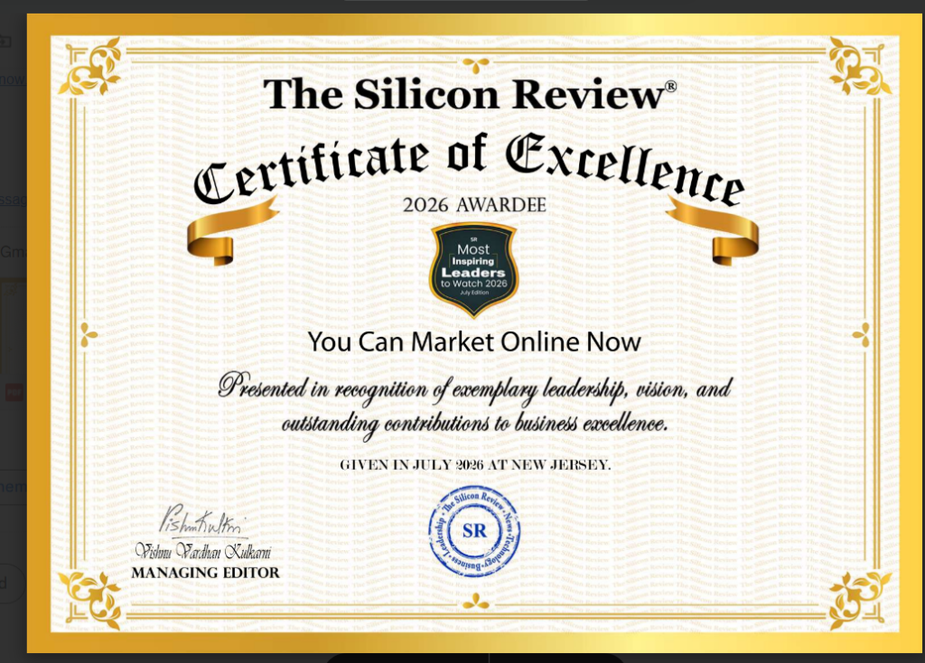 A screenshot image of a Certificate of Excellence. Presented to Mark Newsome, aka Mr. Marketing.