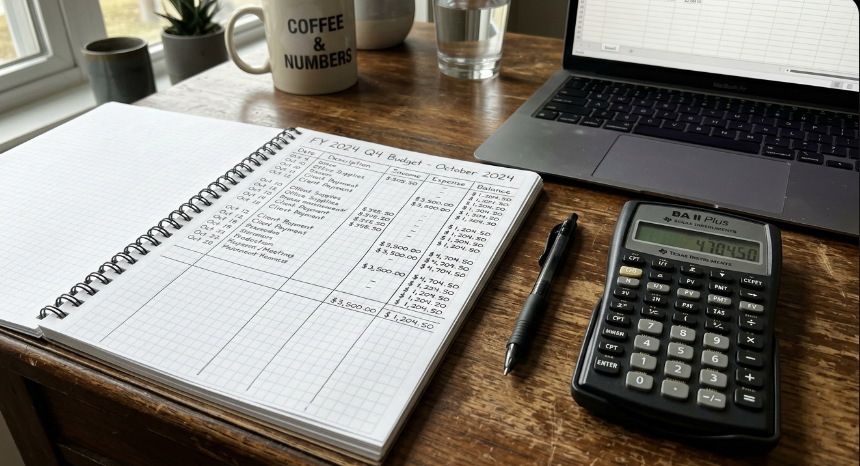 A screenshot image of a spreadsheet and calculator on a desk