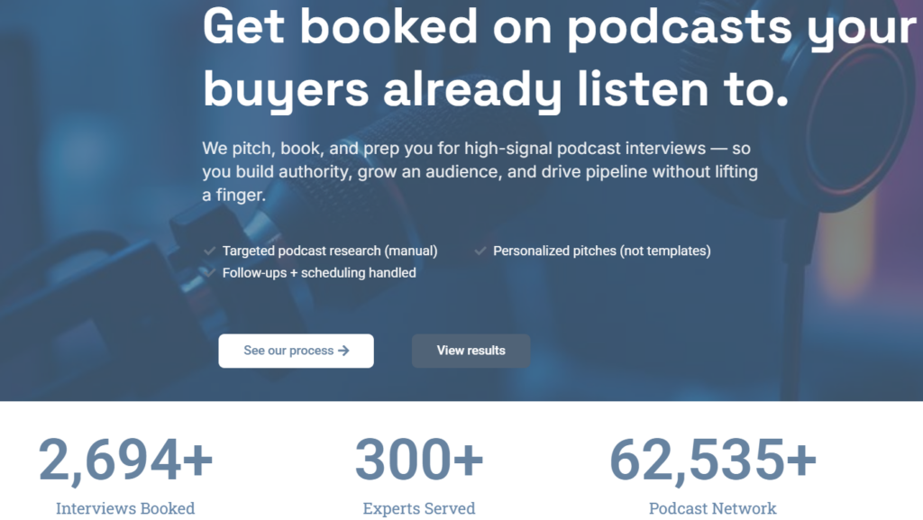 A screenshot image. Of the homepage of a guest podcast booking agency