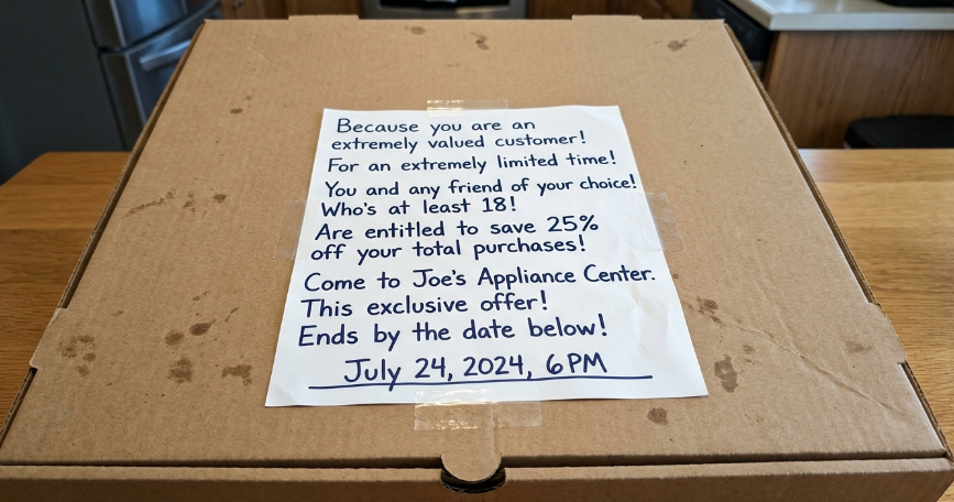 A screenshot image of an Xtra Large pizza box. With a note on it.