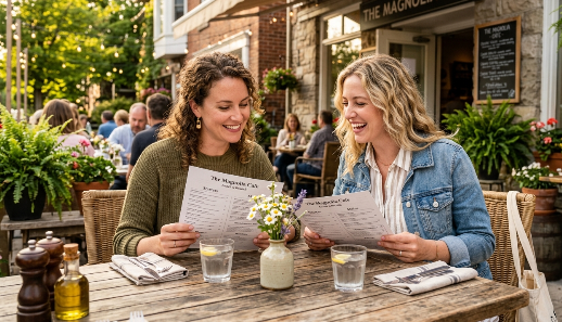 A screenshot image of two women sitting at a table outdoors. About to place their order.