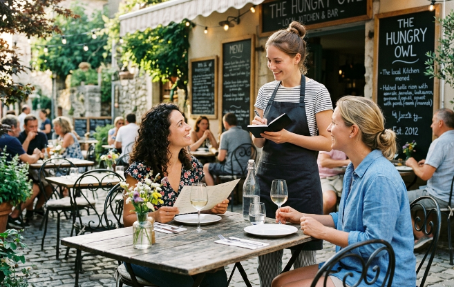 A screenshot image of two women waiting to order. And a female waitress about to take their order. 