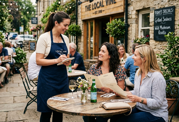 A screenshot image of a female waiter. About to take order of two female customers.