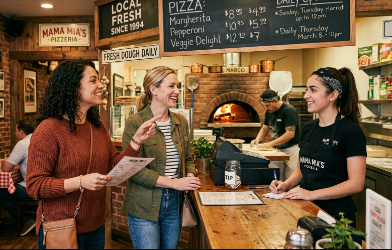 A screenshot image of two females. Ordering pizza.