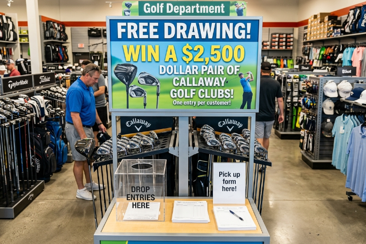 A screenshot image of inside a sporting goods store. Promoting a free drawing. To win some high end Callaway golf clubs