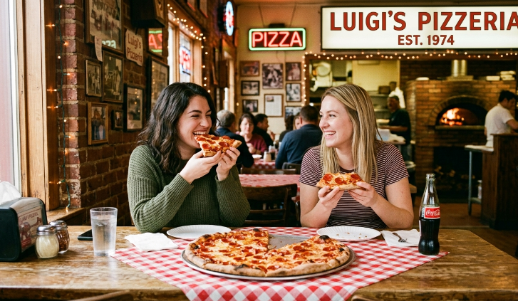 A screenshot image of two women eating pizza. In a mom & pop pizzeria