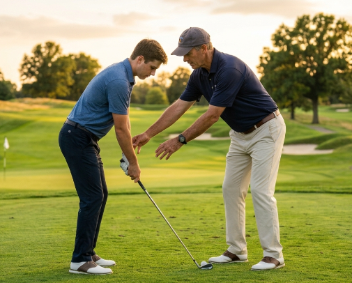 A screenshot image of a golf instructor helping a golfer. Improve his swing.