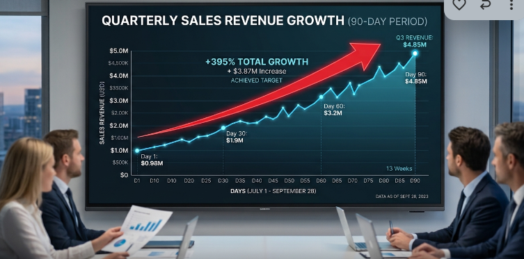 A screenshot image of sales reps sitting around a tble. Studying their 90 day sales revenue chart.