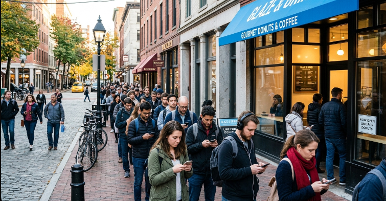 A screenshot image of people waiting to get into a popular bakery