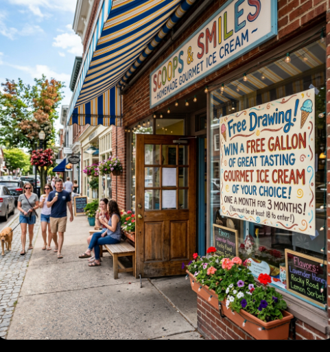 A screenshot image of an ice cream parlor. With a huge sign in their window.