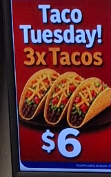 A screenshot image of 3 tacos on a menu. In a popular fast food rerstaurant.