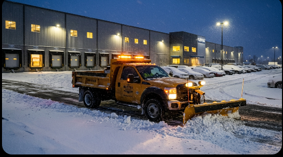 A screenshot image of a snow removal truck. Plowing a commercial parking lot.