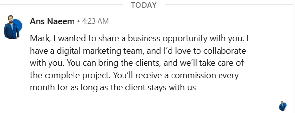 A screenshot image of a DM I got from a connection on Linkedin
