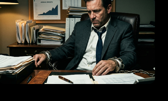 A screenshot image of a businessman changed to his desk.