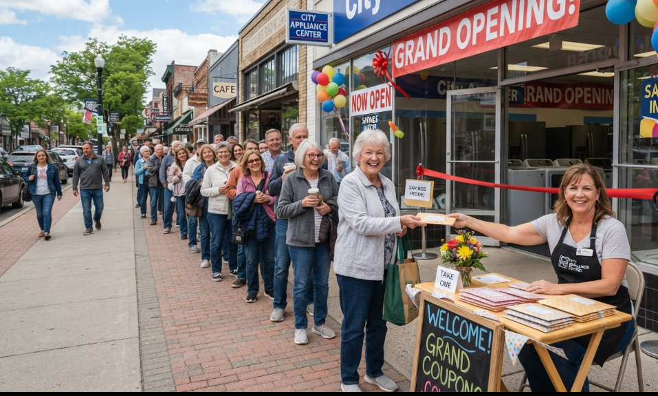 A screenshot image of a crowd waiting to enter a local, retail appliance