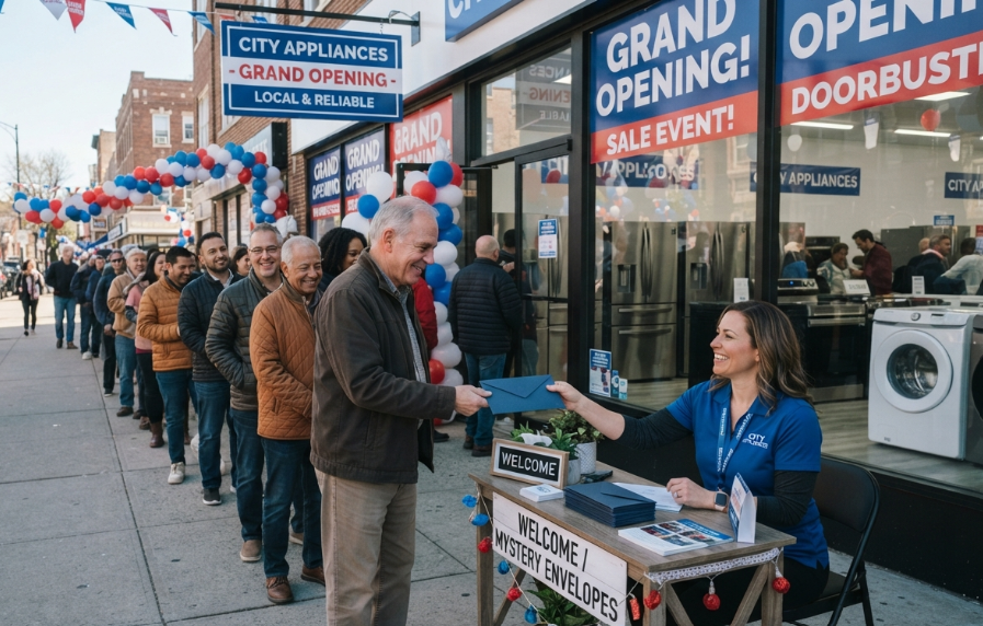 A screenshot image of locals standing in line. Waiting to enter a retail appliance stores Grand Opening.