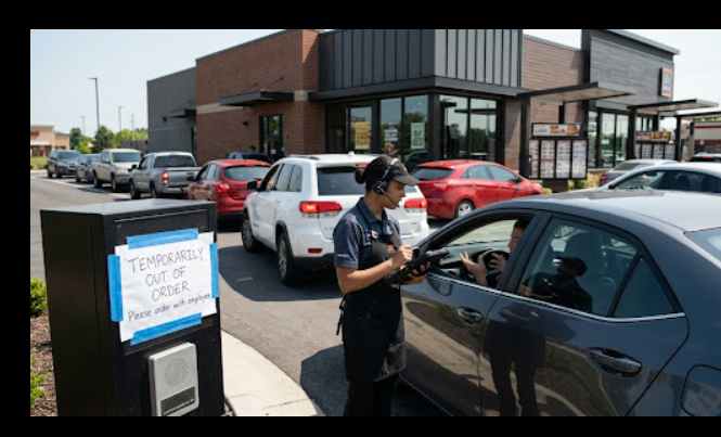 A screenshot image of cars driving through the drive through. Of a fast food restaurant.