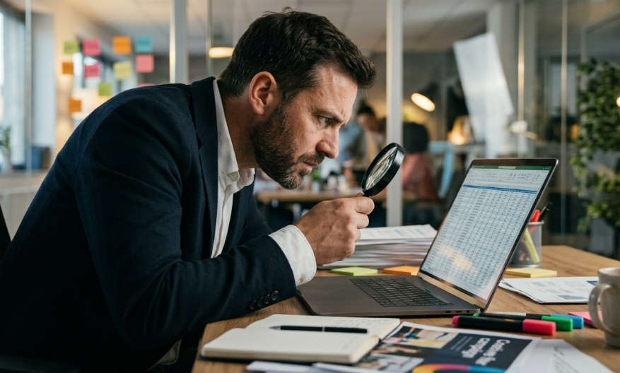 A screenshot image of an ad executive. Looking at his spreadsheet. Using his magnifying glass.