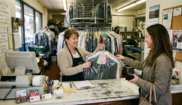 A screenshot image of a female employee. Working the cash register. For a local mom & pop dry cleaning business.
