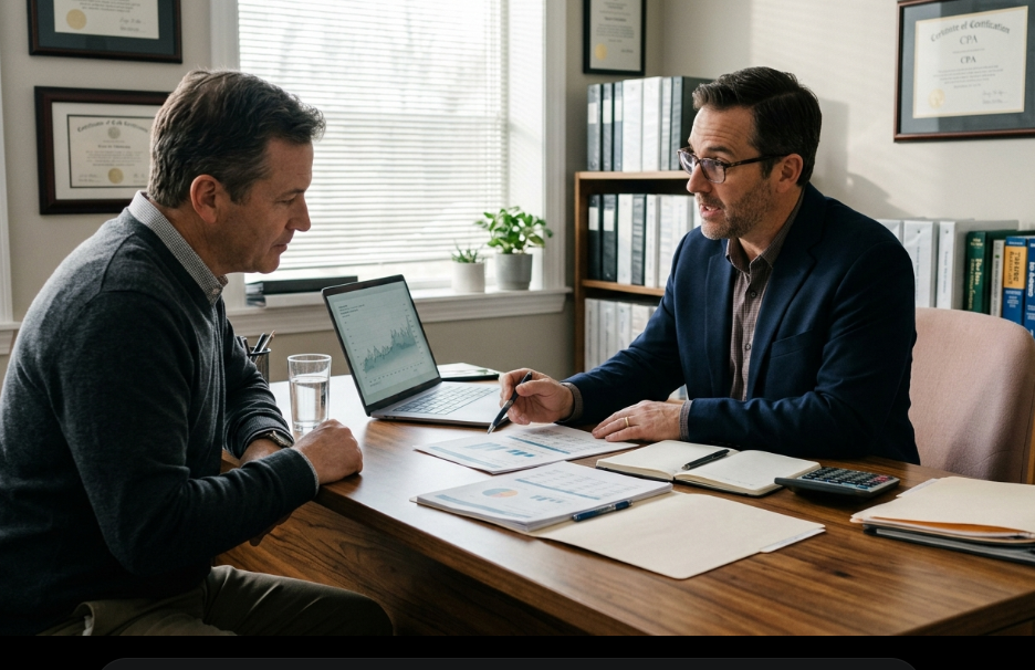 A screenshot image of a CPA strategizing with his client. In his office.